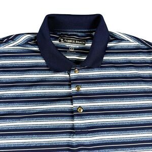 Pebble Beach Polo Shirt Men's Medium Blue Performance Striped Stretch Golf Top